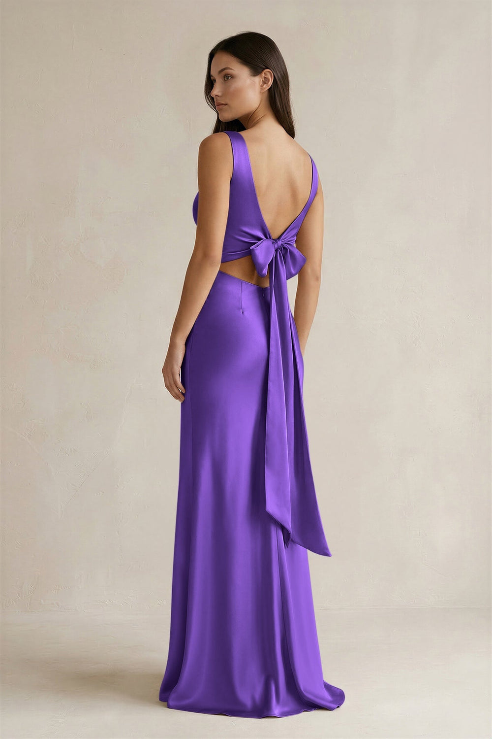 V - neck Sheath Satin Bridesmaid Dress With Back Bow in Tahiti - KissProm Bridesmaid Dresses