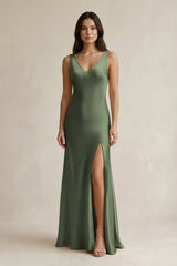 V - neck Sheath Satin Bridesmaid Dress With Back Bow in Thyme - KissProm Bridesmaid Dresses