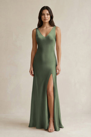 V - neck Sheath Satin Bridesmaid Dress With Back Bow in Thyme - KissProm Bridesmaid Dresses