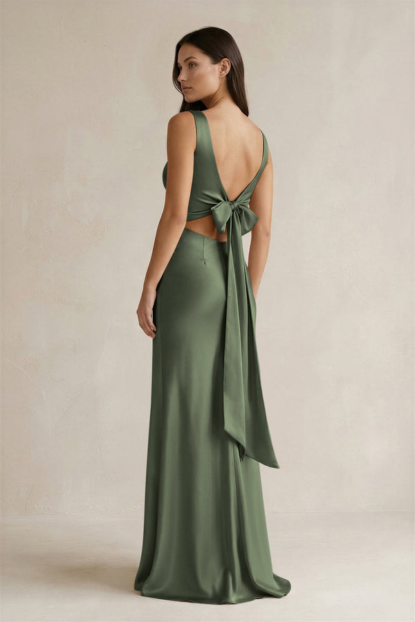 V - neck Sheath Satin Bridesmaid Dress With Back Bow in Thyme - KissProm Bridesmaid Dresses