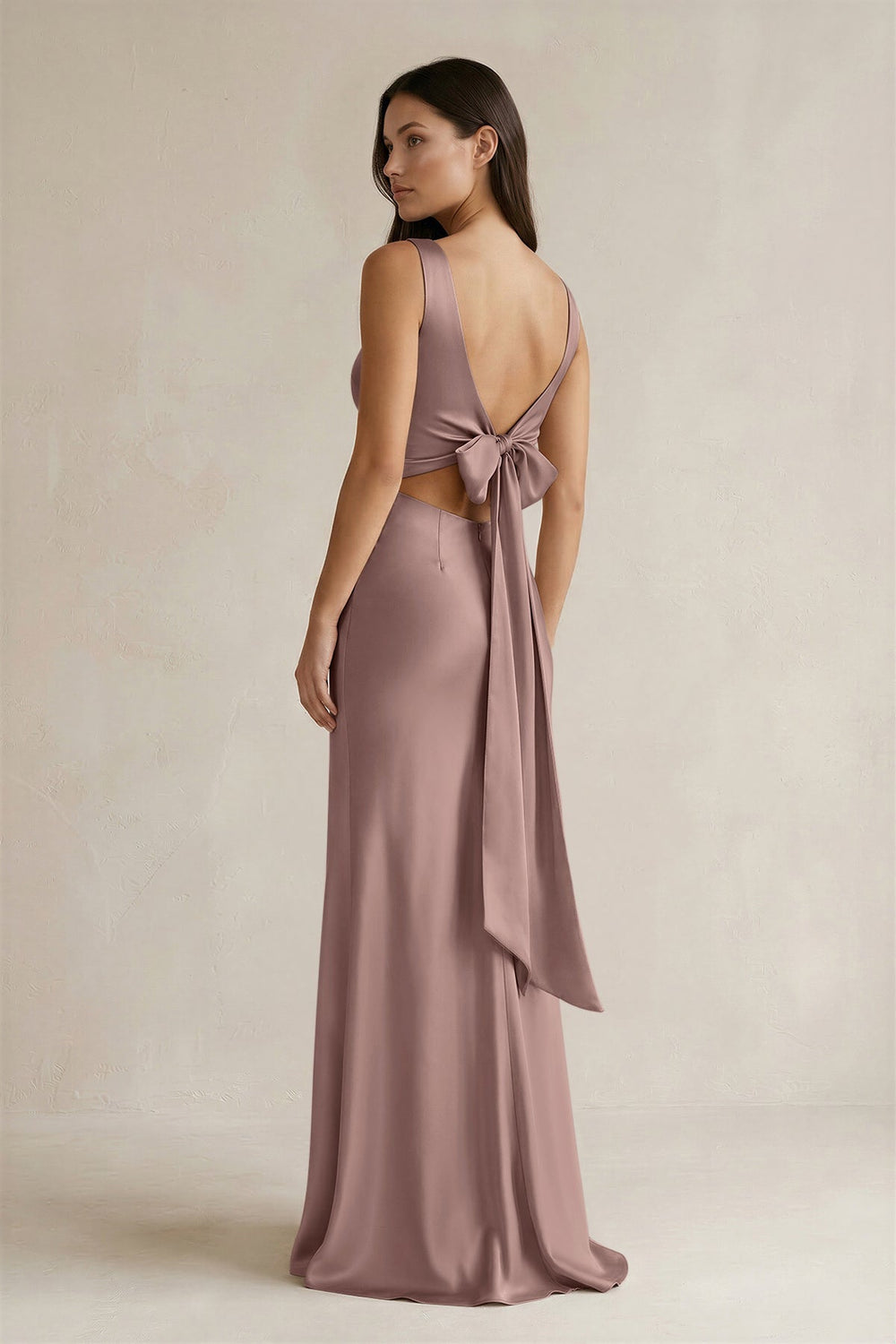 V - neck Sheath Satin Bridesmaid Dress With Back Bow in Toffee - KissProm Bridesmaid Dresses
