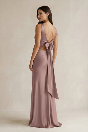 V - neck Sheath Satin Bridesmaid Dress With Back Bow in Toffee - KissProm Bridesmaid Dresses