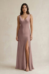 V - neck Sheath Satin Bridesmaid Dress With Back Bow in Toffee - KissProm Bridesmaid Dresses