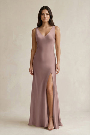 V - neck Sheath Satin Bridesmaid Dress With Back Bow in Toffee - KissProm Bridesmaid Dresses
