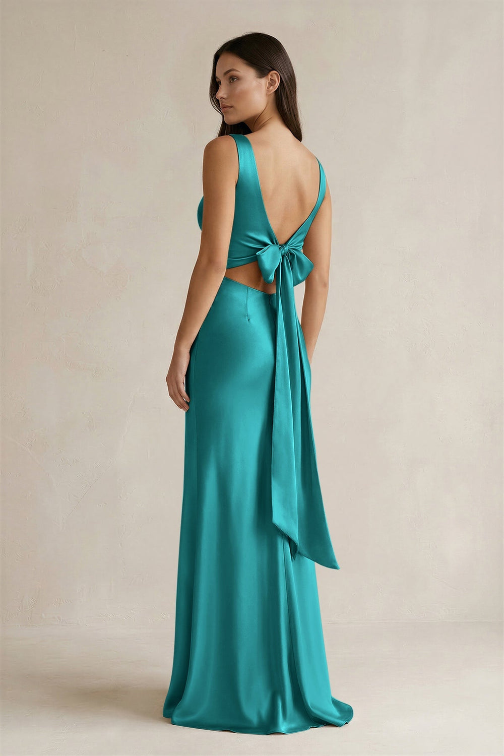 V - neck Sheath Satin Bridesmaid Dress With Back Bow in Turquoise - KissProm Bridesmaid Dresses