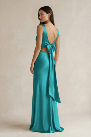 V - neck Sheath Satin Bridesmaid Dress With Back Bow in Turquoise - KissProm Bridesmaid Dresses