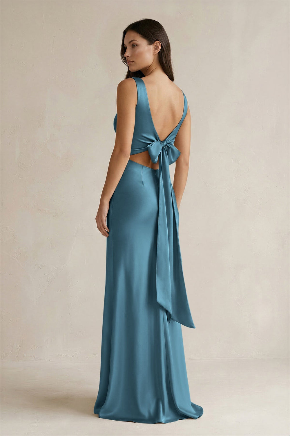 V - neck Sheath Satin Bridesmaid Dress With Back Bow in Twilight - KissProm Bridesmaid Dresses