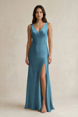 V - neck Sheath Satin Bridesmaid Dress With Back Bow in Twilight - KissProm Bridesmaid Dresses
