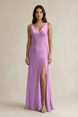V - neck Sheath Satin Bridesmaid Dress With Back Bow in Vintage Mauve - KissProm Bridesmaid Dresses