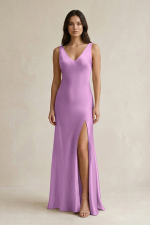 V - neck Sheath Satin Bridesmaid Dress With Back Bow in Vintage Mauve - KissProm Bridesmaid Dresses