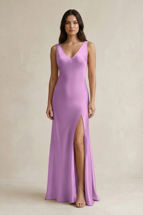 V - neck Sheath Satin Bridesmaid Dress With Back Bow in Vintage Mauve - KissProm Bridesmaid Dresses
