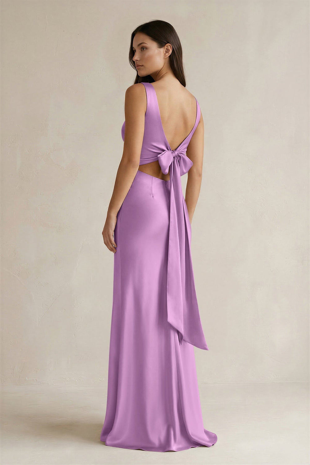 V - neck Sheath Satin Bridesmaid Dress With Back Bow in Vintage Mauve - KissProm Bridesmaid Dresses