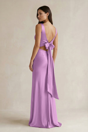 V - neck Sheath Satin Bridesmaid Dress With Back Bow in Vintage Mauve - KissProm Bridesmaid Dresses