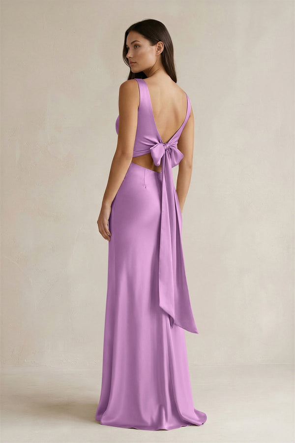 V - neck Sheath Satin Bridesmaid Dress With Back Bow in Vintage Mauve - KissProm Bridesmaid Dresses