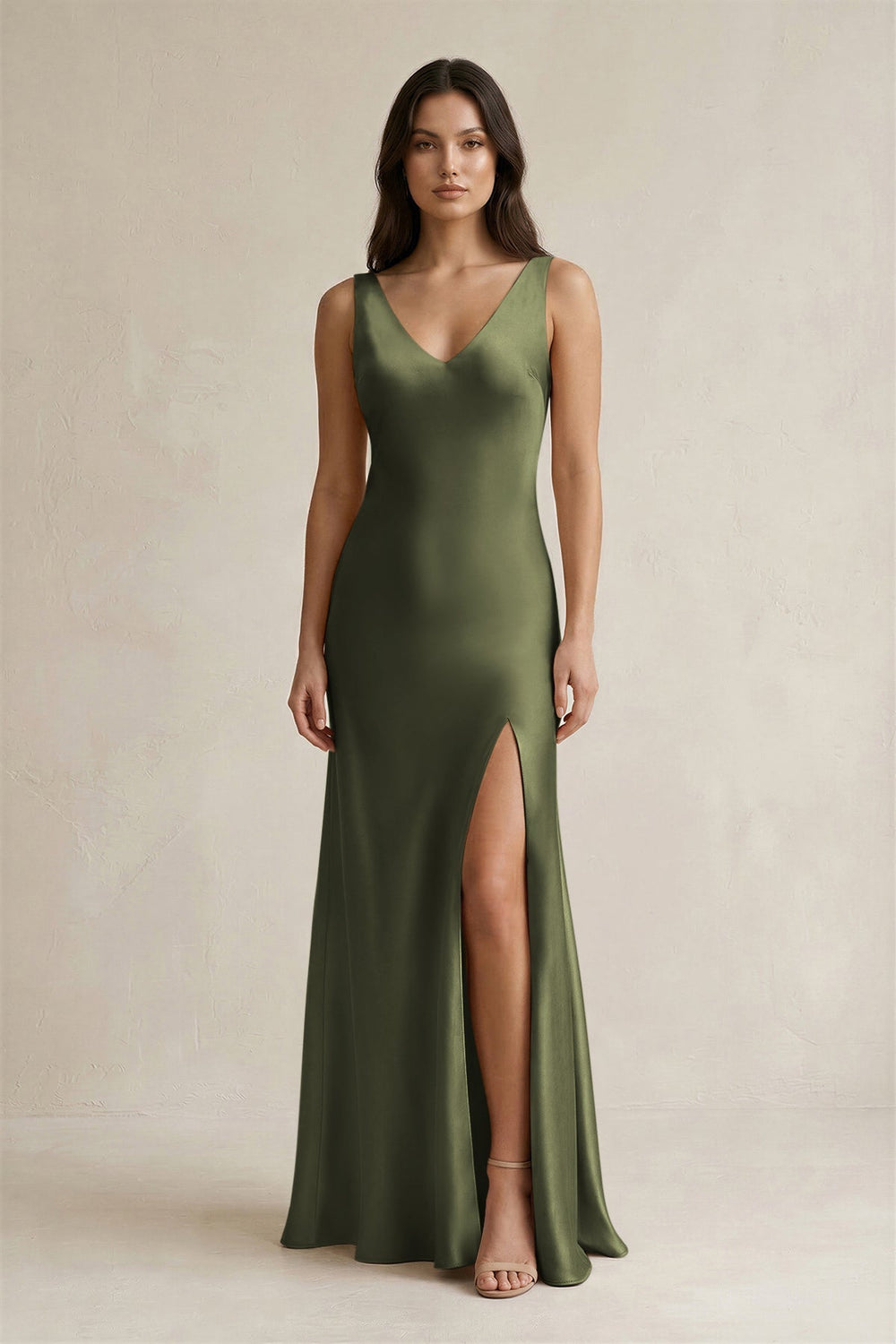 V - neck Sheath Satin Bridesmaid Dress With Back Bow in Willow Green - KissProm Bridesmaid Dresses