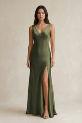 V - neck Sheath Satin Bridesmaid Dress With Back Bow in Willow Green - KissProm Bridesmaid Dresses
