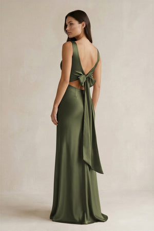 V - neck Sheath Satin Bridesmaid Dress With Back Bow in Willow Green - KissProm Bridesmaid Dresses
