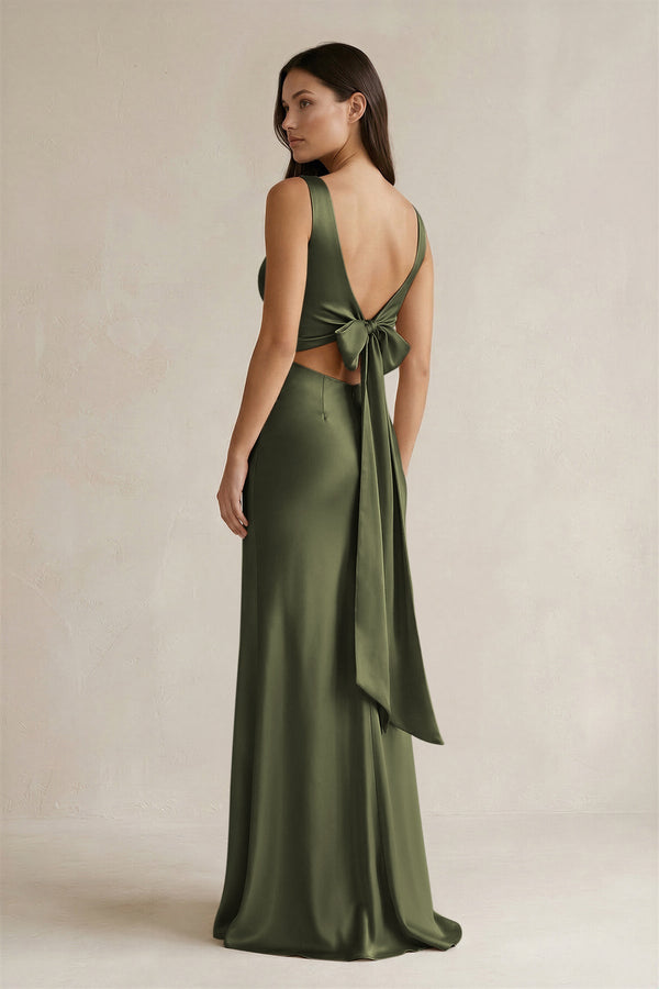 V - neck Sheath Satin Bridesmaid Dress With Back Bow in Willow Green - KissProm Bridesmaid Dresses