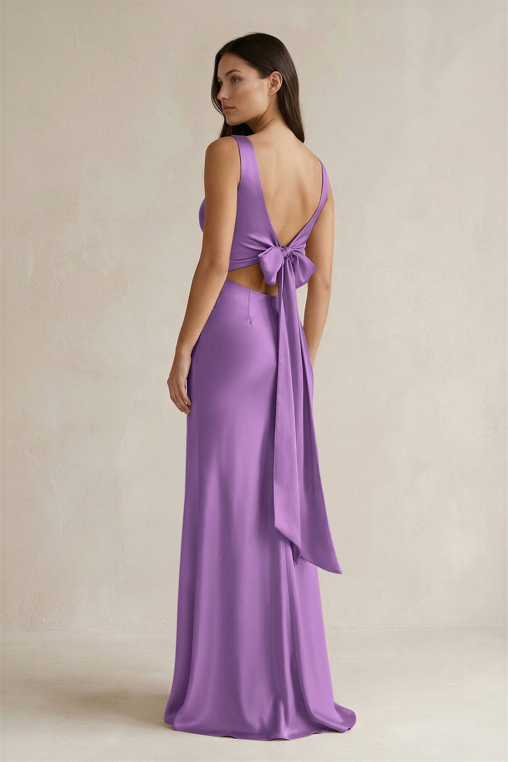 V - neck Sheath Satin Bridesmaid Dress With Back Bow in Wisteria - KissProm Bridesmaid Dresses