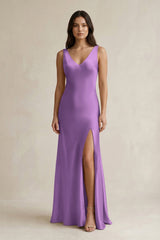 V - neck Sheath Satin Bridesmaid Dress With Back Bow in Wisteria - KissProm Bridesmaid Dresses