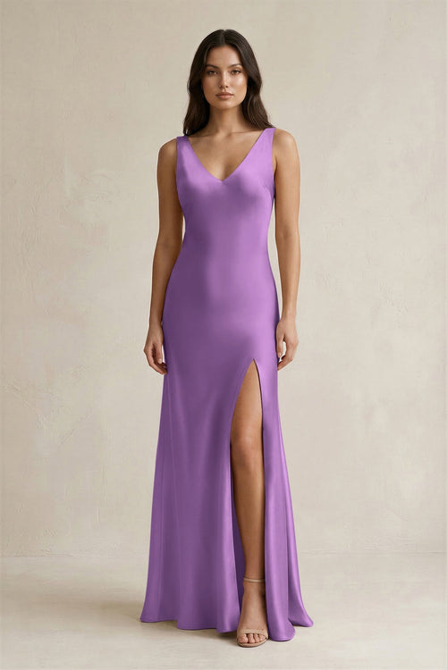 V - neck Sheath Satin Bridesmaid Dress With Back Bow in Wisteria - KissProm Bridesmaid Dresses