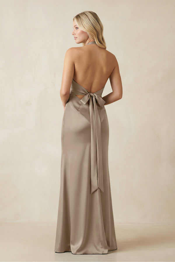 V - Neck Sheath Satin Bridesmaid Dress with Bow in Almond - KissProm Bridesmaid Dresses
