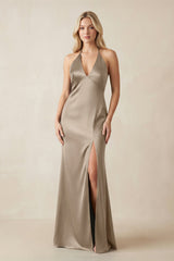 V - Neck Sheath Satin Bridesmaid Dress with Bow in Almond - KissProm Bridesmaid Dresses