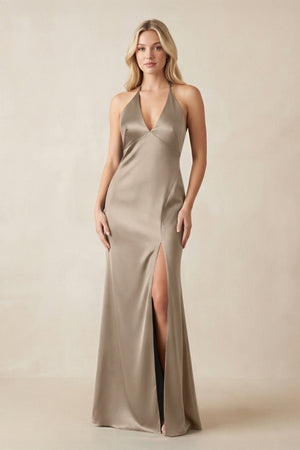 V - Neck Sheath Satin Bridesmaid Dress with Bow in Almond - KissProm Bridesmaid Dresses