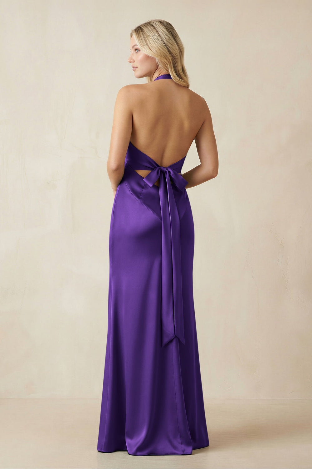 V - Neck Sheath Satin Bridesmaid Dress with Bow in Amethyst - KissProm Bridesmaid Dresses
