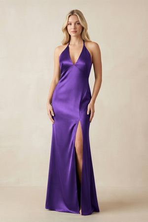 V - Neck Sheath Satin Bridesmaid Dress with Bow in Amethyst - KissProm Bridesmaid Dresses