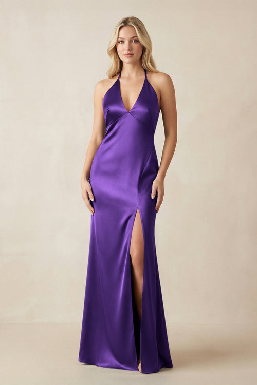 V - Neck Sheath Satin Bridesmaid Dress with Bow in Amethyst - KissProm Bridesmaid Dresses