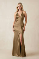V - Neck Sheath Satin Bridesmaid Dress with Bow in Apple Cinnamon - KissProm Bridesmaid Dresses