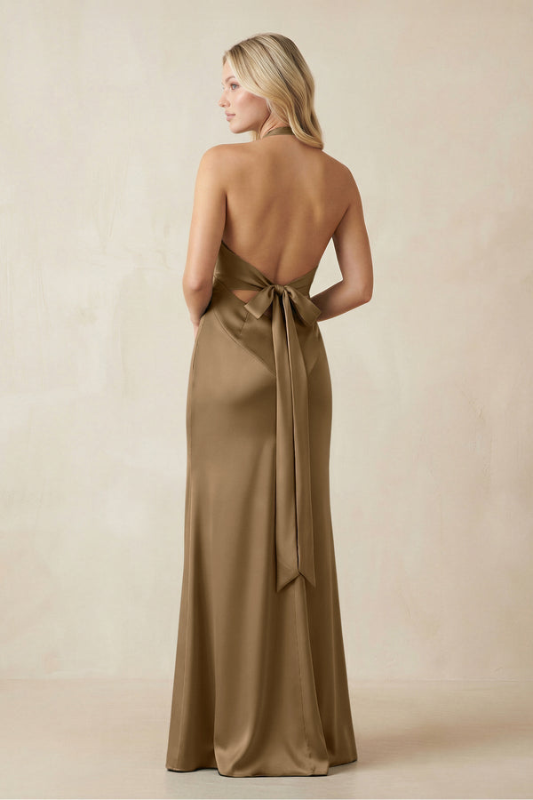 V - Neck Sheath Satin Bridesmaid Dress with Bow in Apple Cinnamon - KissProm Bridesmaid Dresses