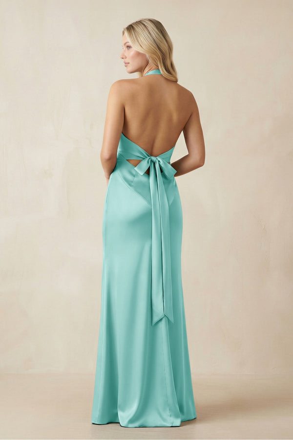 V - Neck Sheath Satin Bridesmaid Dress with Bow in Aqua - KissProm Bridesmaid Dresses