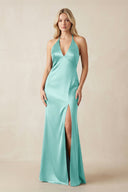 V - Neck Sheath Satin Bridesmaid Dress with Bow in Aqua - KissProm Bridesmaid Dresses