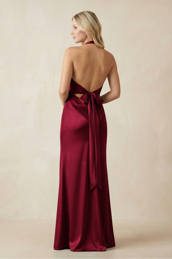 V - Neck Sheath Satin Bridesmaid Dress with Bow in Berry - KissProm Bridesmaid Dresses