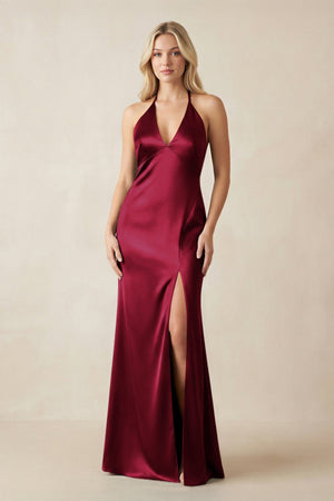 V - Neck Sheath Satin Bridesmaid Dress with Bow in Berry - KissProm Bridesmaid Dresses