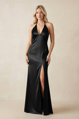 V - Neck Sheath Satin Bridesmaid Dress with Bow in Black - KissProm Bridesmaid Dresses