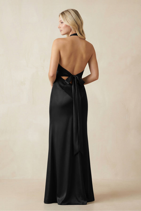V - Neck Sheath Satin Bridesmaid Dress with Bow in Black - KissProm Bridesmaid Dresses
