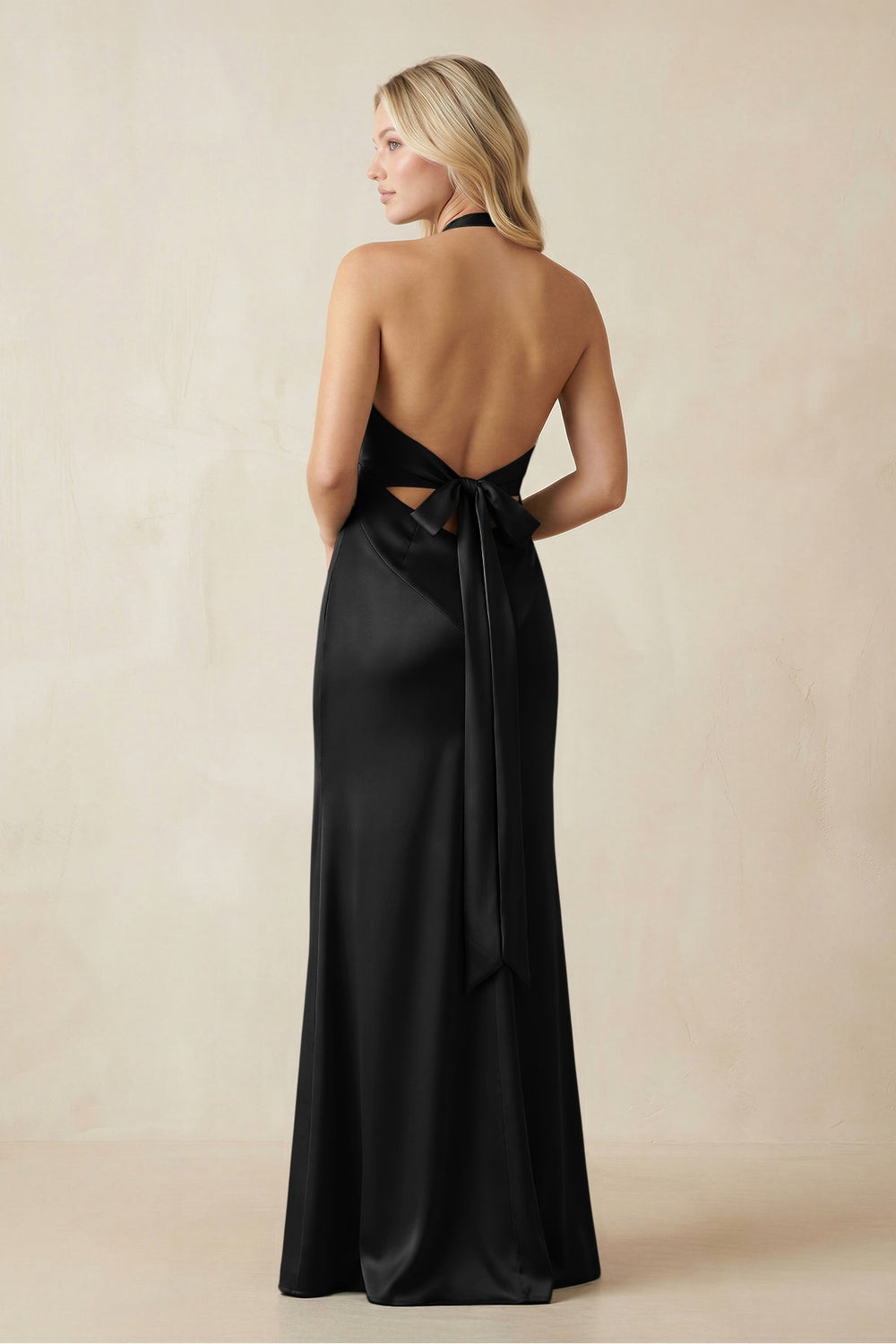 V - Neck Sheath Satin Bridesmaid Dress with Bow in Black - KissProm Bridesmaid Dresses