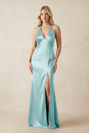 V - Neck Sheath Satin Bridesmaid Dress with Bow in Bleached Aqua - KissProm Bridesmaid Dresses