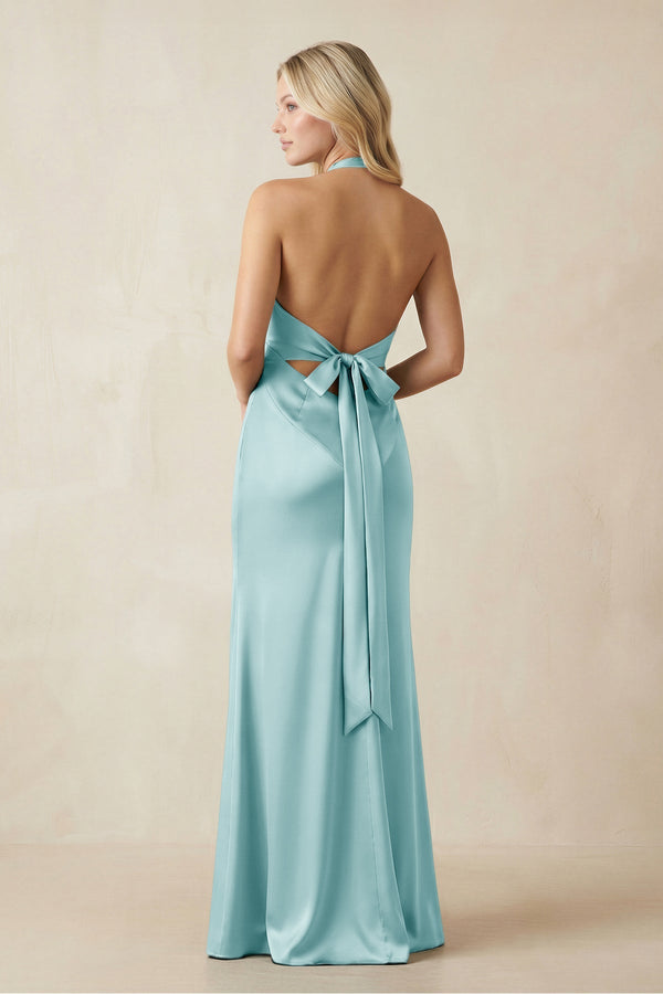 V - Neck Sheath Satin Bridesmaid Dress with Bow in Bleached Aqua - KissProm Bridesmaid Dresses