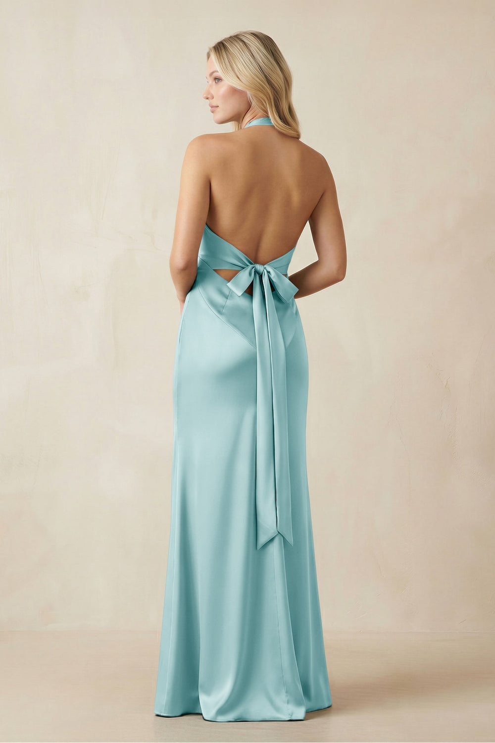 V - Neck Sheath Satin Bridesmaid Dress with Bow in Bleached Aqua - KissProm Bridesmaid Dresses