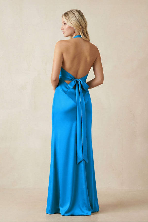 V - Neck Sheath Satin Bridesmaid Dress with Bow in Blue Jay - KissProm Bridesmaid Dresses