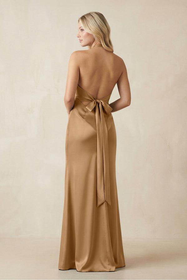 V - Neck Sheath Satin Bridesmaid Dress with Bow in Bronzer - KissProm Bridesmaid Dresses