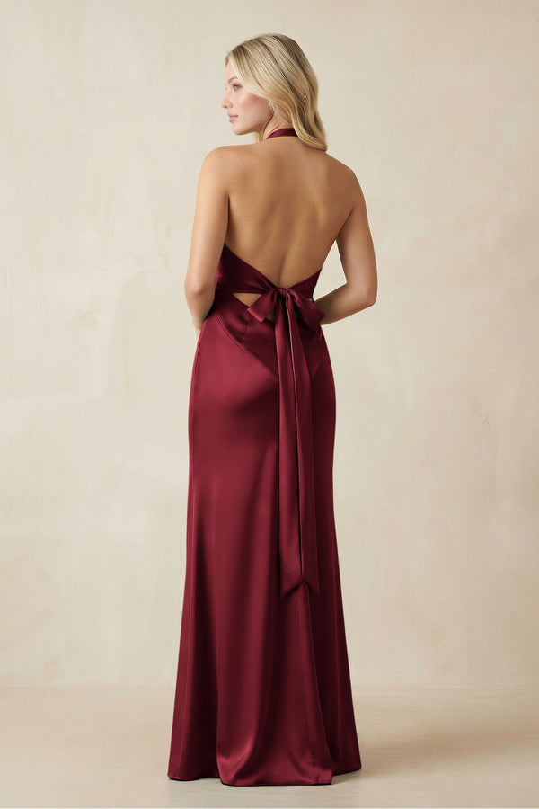 V - Neck Sheath Satin Bridesmaid Dress with Bow in Burgundy - KissProm Bridesmaid Dresses