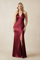 V - Neck Sheath Satin Bridesmaid Dress with Bow in Burgundy - KissProm Bridesmaid Dresses