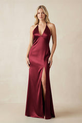 V - Neck Sheath Satin Bridesmaid Dress with Bow in Burgundy - KissProm Bridesmaid Dresses