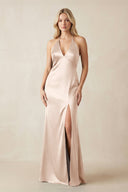 V - Neck Sheath Satin Bridesmaid Dress with Bow in Buttercream - KissProm Bridesmaid Dresses