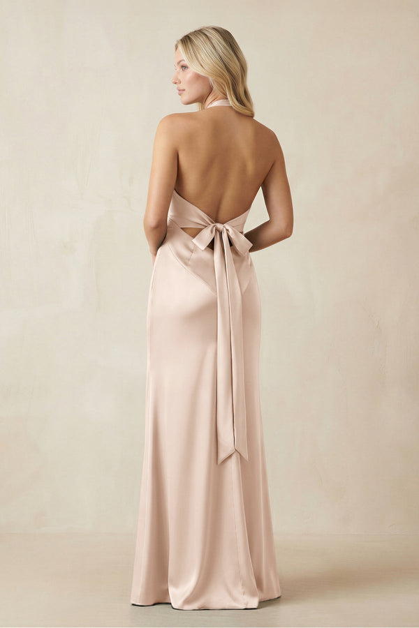 V - Neck Sheath Satin Bridesmaid Dress with Bow in Buttercream - KissProm Bridesmaid Dresses